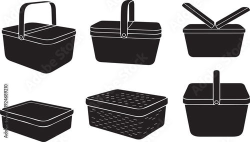 Picnic Basket Silhouette Collection: A collection of various silhouette picnic basket designs, offering a variety of shapes, styles and top views. 