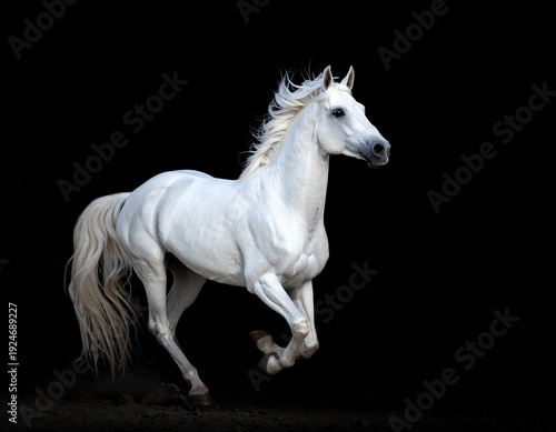 Majestic White Horse Galloping Gracefully Against a Black Background, Stunning Animal Portrait.