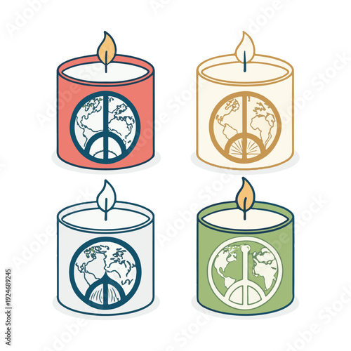 Four candles with peace symbol and earth illustration in different colors globe