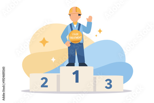 Construction worker wearing hard hat and medal standing on winners podium.