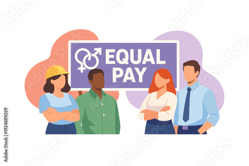 Diverse group of people standing together for equal pay.