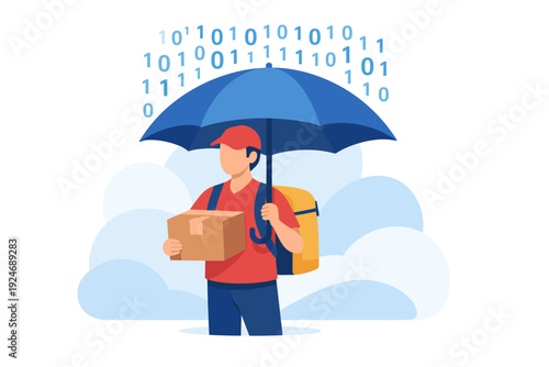 Delivery person holding package under umbrella with binary code.