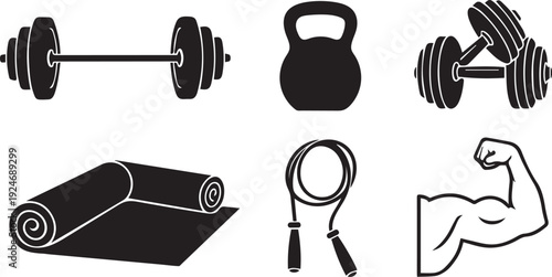 Fitness Essentials: A collection of essential fitness elements is showcased, featuring a barbell, kettlebell, dumbbells, yoga mat, jump rope, and a flexed arm.