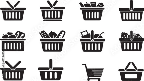Shopping Basket Icons: A series of shopping basket icons, each representing a different aspect of retail or grocery shopping, offering a visual vocabulary for digital designs.