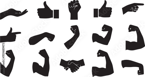 Gestural Language: A collection of various hand gestures, from a thumbs up and pointing to flexing muscles and a handshake, all in monochrome style.