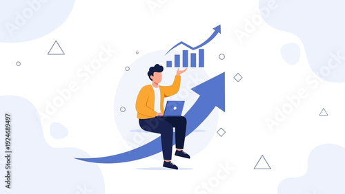 Man with laptop analyzing financial growth chart, business success concept
