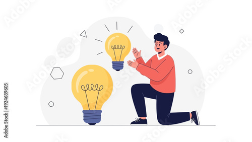 Man with Two Glowing Light Bulbs, Symbolizing Innovation and New Ideas
