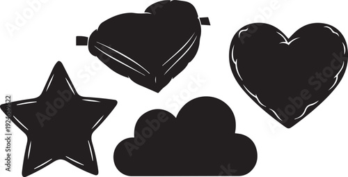 Hearts, Clouds and Star in Black: A collection of simple, black silhouette shapes includes a star, cloud and heart with diverse outlines, offering versatile design elements.