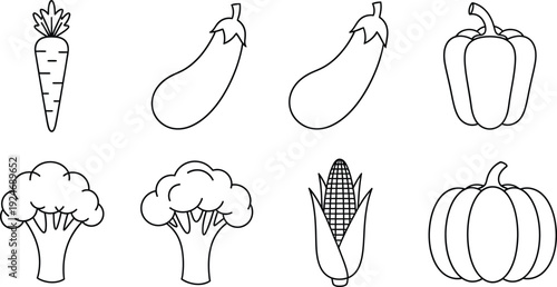 Collection of outline vegetable icons including carrot eggplant bell pepper broccoli corn and pumpkin simple line art for healthy food concepts and design elements
