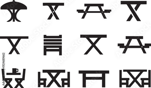 Collection of Tables and Chairs Icons: A minimalist arrangement showcases various stylized icons of tables and chairs.