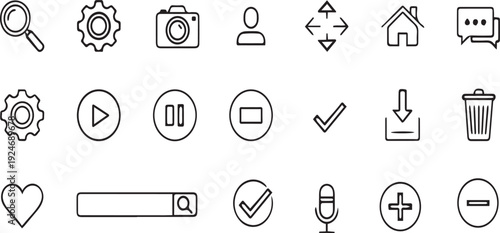  A comprehensive collection of clean, minimalist line icons, representing essential functions and elements of a digital interface.