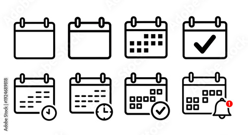 Calendar and planning icons set with checks indicating scheduling, tasks, and deadlines.