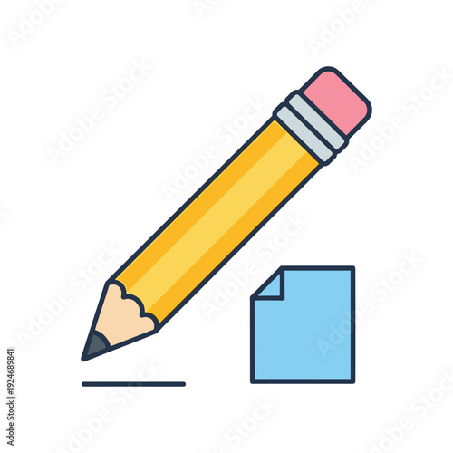 Yellow pencil with eraser drawing blue sketch on blank paper illustration