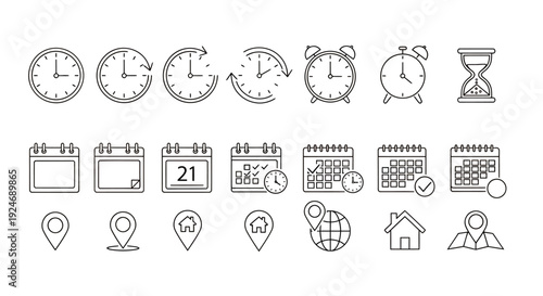 Collection of time and planning icons including clocks calendars and global markers.