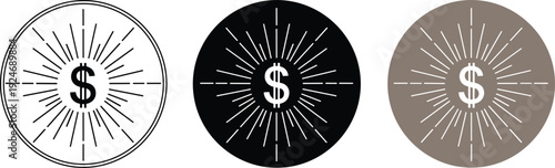 Dollar coin sunburst icon set money currency symbol badge financial emblem vector illustration