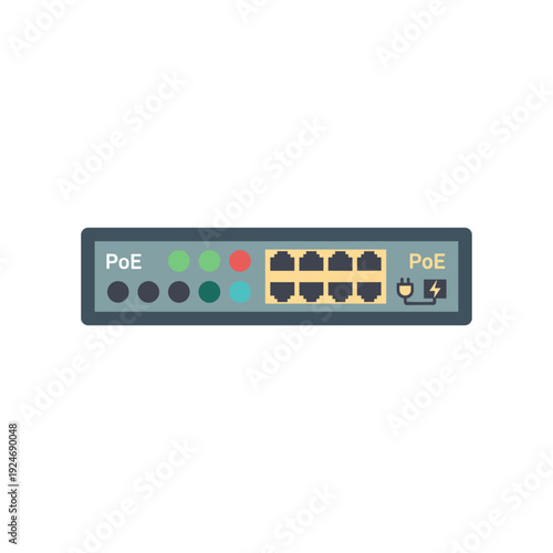 PoE network switch ports with colorful ethernet cables connected modern tech