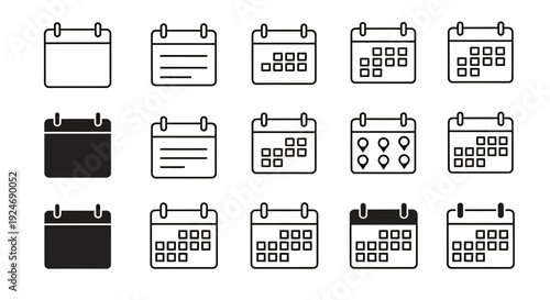 Set of monochrome calendar icons in various styles for UI design and project use.