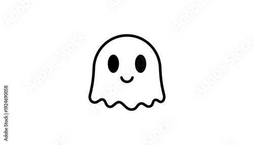 Cute cartoon ghost with smiling face, simple outline drawing, white background