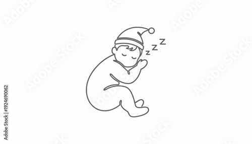 Cute Baby Sleeping Peacefully in Hat, One Line Drawing, Zzz Symbol