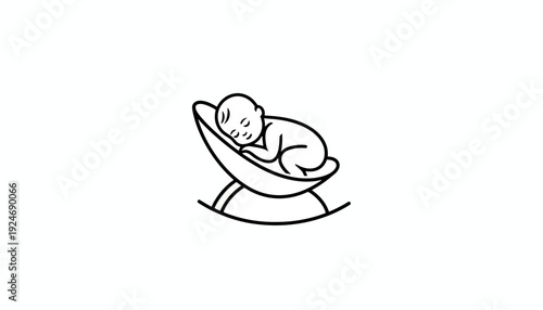 Cute Newborn Baby Sleeping Peacefully in a Modern Rocking Bassinet, Minimalist Line Art Illustration