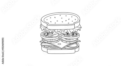 Deconstructed Sandwich Line Art: Ingredients Layered, Isolated on White