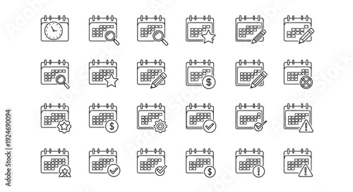 Collection of repetitive grayscale calendar icon illustrations for user interface design and digital products.