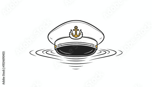 Captain's Hat Floating on Water with Anchor Symbol