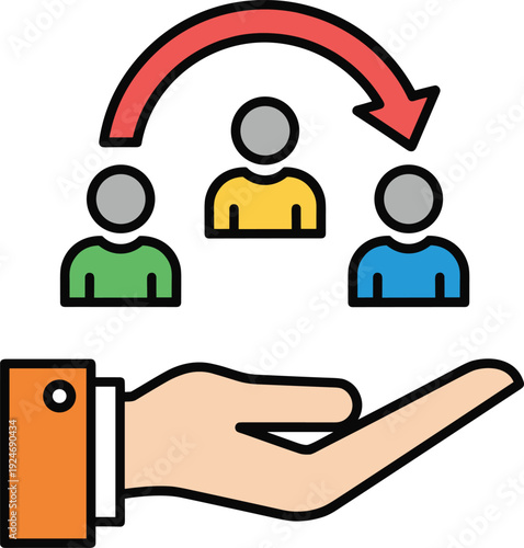 Customer service support hand icon with user transfer arrow flat vector illustration business management communication concept design