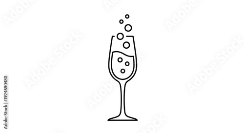 Champagne Flute with Bubbles Rising, Minimalist Line Art Icon