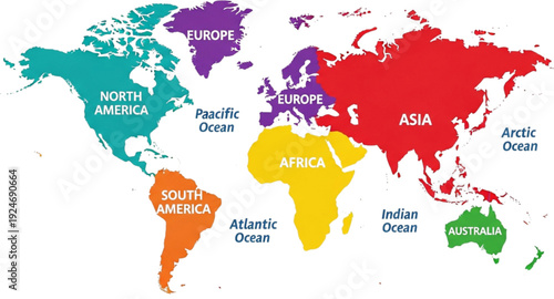 Colorful World Map with Continents and Oceans Labels Vector Illustration