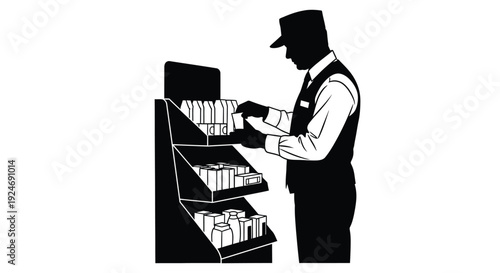 Retail worker stocking shelves with merchandise vector illustration, showcasing efficient inventory management and customer service in a store environment.