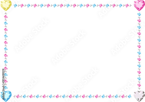 カラフルな宝石とハートのダイヤモンドが並ぶキラキラしたベクターイラストのフレーム素材 背景が白で使いやすいジュエリーデザインの枠 コピースペースのある可愛いガーリーなバックグラウンド
