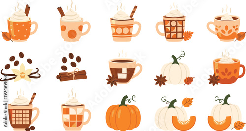 Autumn Coffee Cup and Pumpkin Spice Collection with Hot Drinks Cinnamon Vanilla and Fall Leaves for Seasonal Cafe Vector Design.