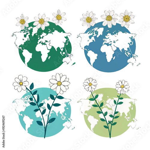 Four Earth globes with white daisies and green leaves world planet