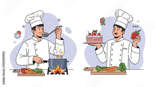 Male chefs in uniform working in kitchen where one is tasting soup with a ladle while the other holds a decorated cake and fresh strawberry.