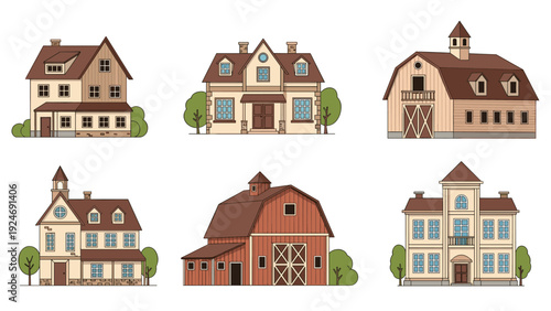 Collection of residential buildings and barns in various architectural styles including traditional wood houses and farm structures with trees.