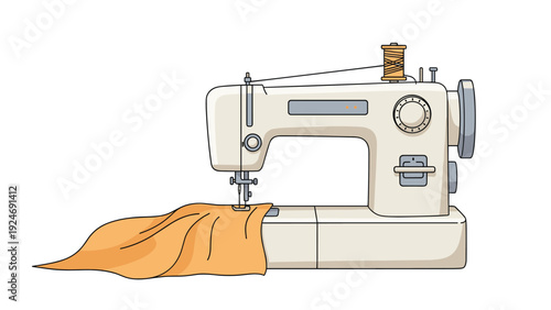 modern electric sewing machine with a spool of thread and orange fabric, perfect for tailoring and DIY craft themes.