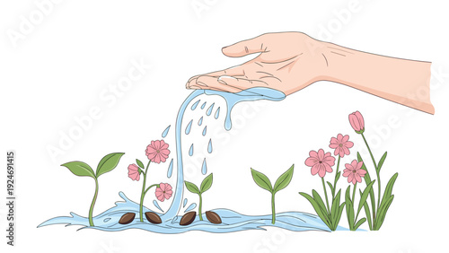 human hand watering sprouts and flowers with a gentle stream, representing plant cultivation and environmental care.