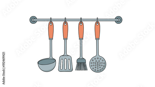 Set of four essential stainless steel kitchen tools hanging neatly on a wall rack including a soup ladle a spatula a brush and a skimmer.