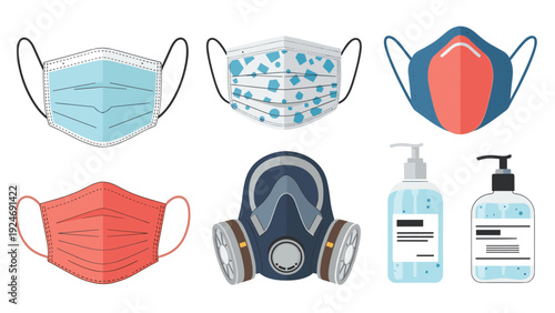 Comprehensive collection of protective equipment featuring surgical face masks respiratory masks and bottles of clear hand sanitizer for safety.