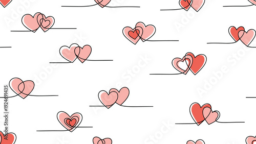 Romantic seamless pattern composed of minimalist line art heart outlines in shades of red and pink connected by simple black horizontal lines.