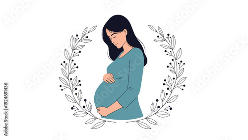 Beautiful illustration of a pregnant woman wearing a blue dress holding her belly and surrounded by a delicate circular wreath of leafy branches.
