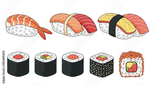 Assorted plate of traditional japanese sushi and maki rolls including shrimp nigiri tuna rolls and california rolls served in a graphic style.
