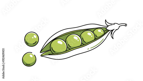 Fresh green pea pod shown open with round peas sitting inside and two individual peas placed on the side against a clean white background.