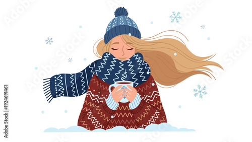 Young woman with long hair wearing a warm winter hat and scarf holding a steaming mug of hot cocoa while snow falls gently around her outdoors.