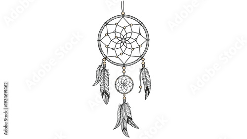 Intricate dreamcatcher design featuring a circular web pattern and hanging decorative feathers and beads in a detailed black and white style.