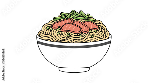 Savory bowl of noodle soup topped with fresh green onions and slices of grilled meat or salmon served in a simple white ceramic bowl.