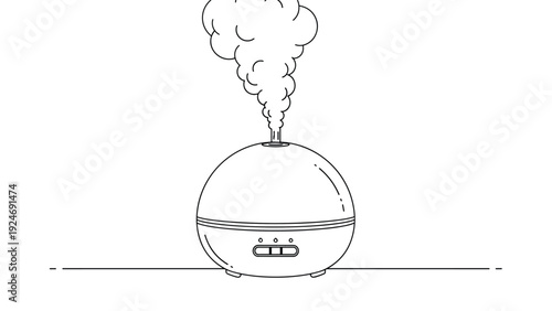 Minimalist line drawing of an aroma diffuser or humidifier sitting on a surface and emitting a large cloud of steam in a clean graphic style.