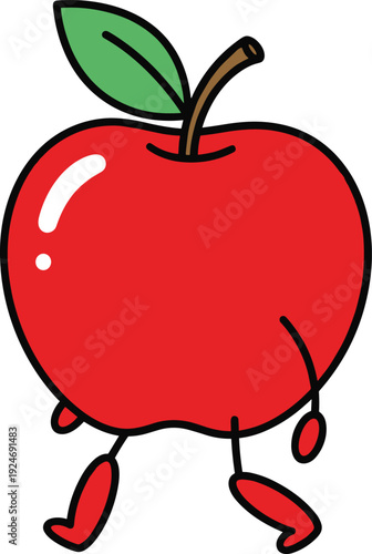 Cute red apple walking cartoon character healthy fruit mascot flat vector illustration funny food design isolated kids style