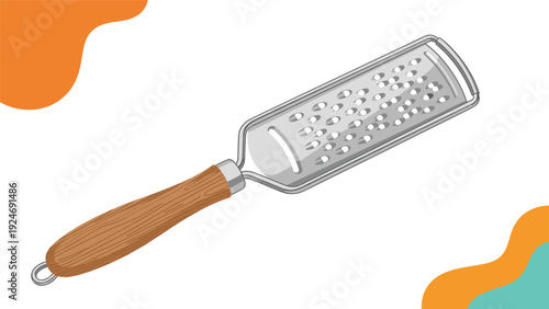 Classic stainless steel kitchen grater with a smooth wooden handle used for grating cheese or vegetables shown from an isometric perspective.